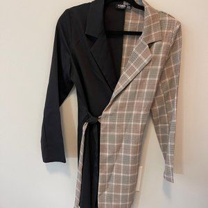 Brand New Color Block Black/Tan Plaid Print Shawl Collar Wrap Knot Side Blazer